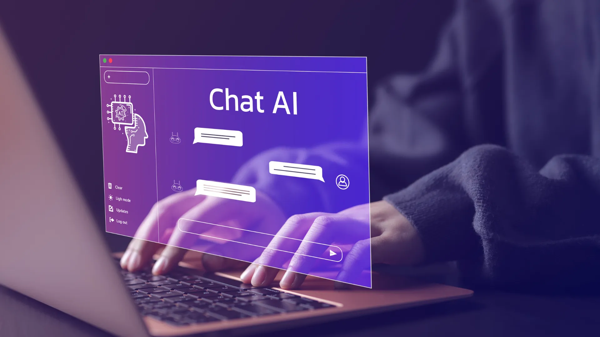 A Chat AI conversation floats over a laptop keyboard