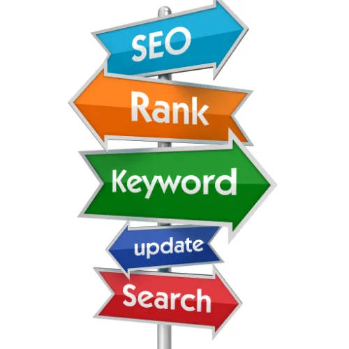 Direction signs labeled SEO, Rank, Keyword, update, and Search