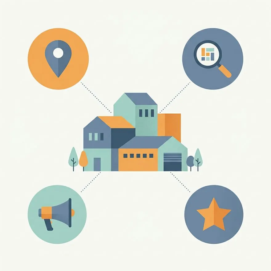 Illustration of a modular building factory connected to four marketing channel icons: a location pin, a magnifying glass, a megaphone, and a star