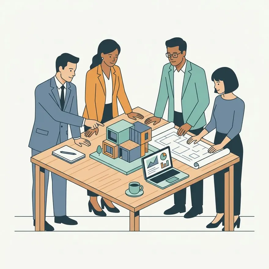 Illustration of four executives reviewing a modular building scale model and blueprints around a conference table