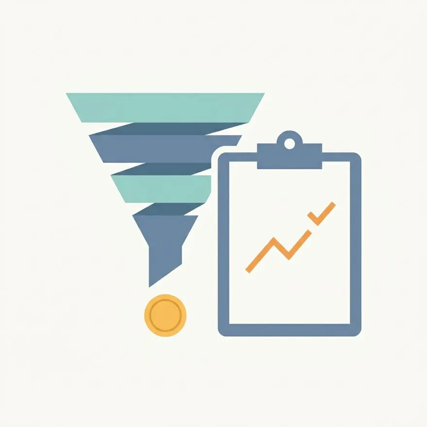 Illustration of a four-stage sales funnel beside a clipboard showing an upward trending chart