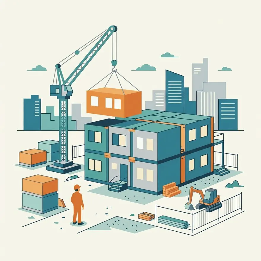 Illustration of a crane lowering a prefabricated module onto a two-story modular building at a city construction site