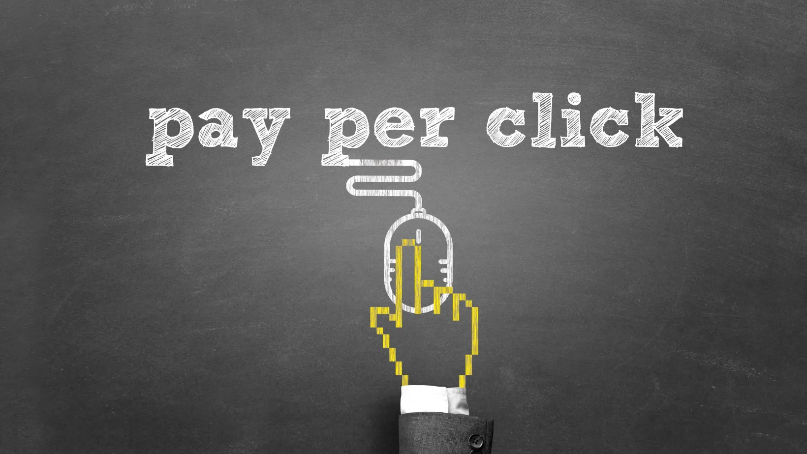 Chalkboard drawing of a pixel hand clicking a mouse under the words pay per click