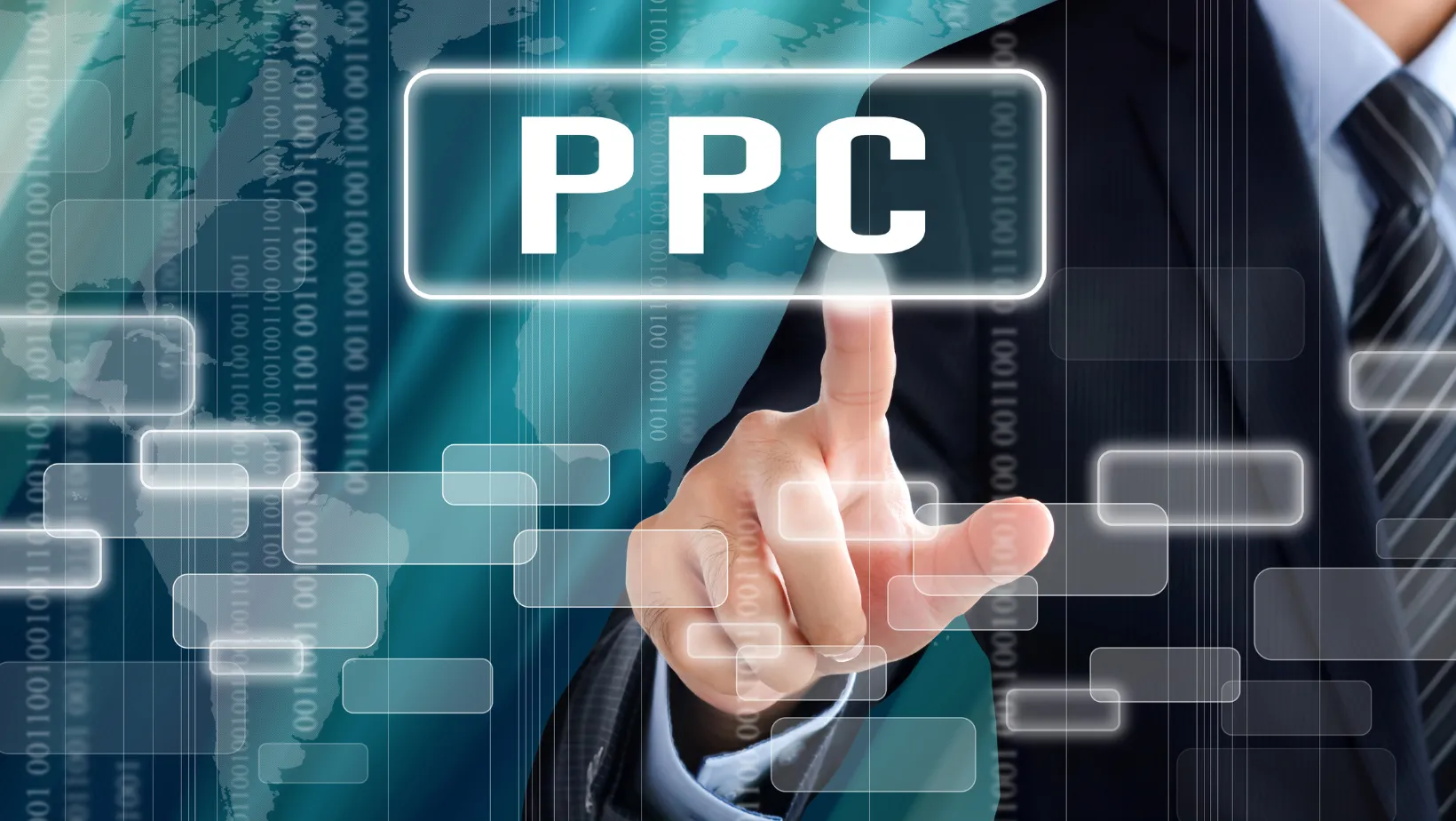 Businessman pressing a virtual PPC button on a digital interface