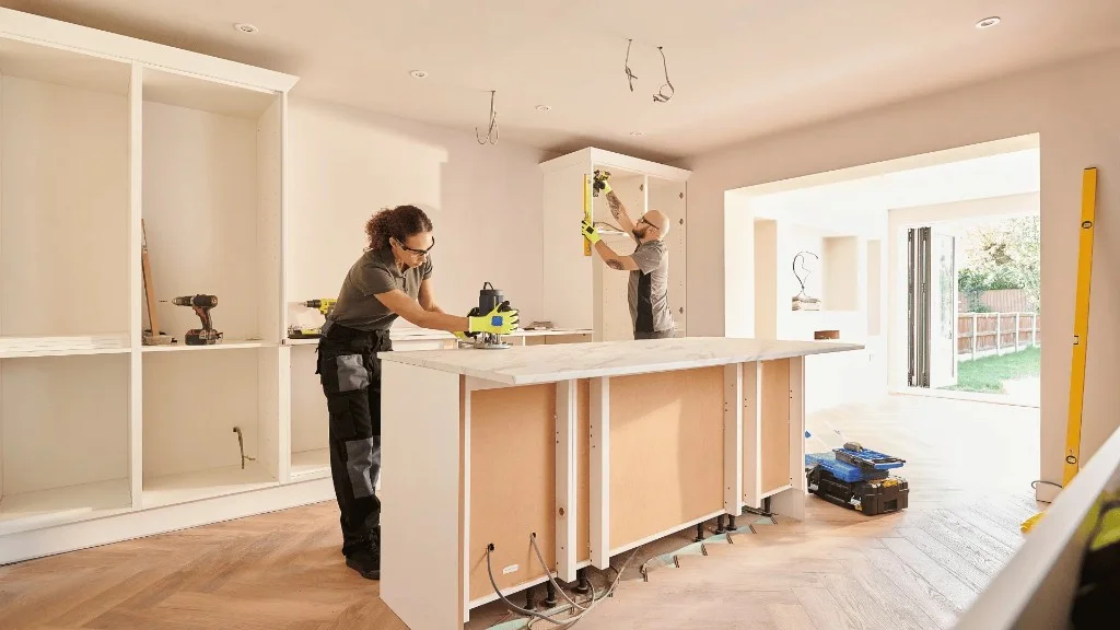 A remodeler installs cabinet boxes in a bright kitchen