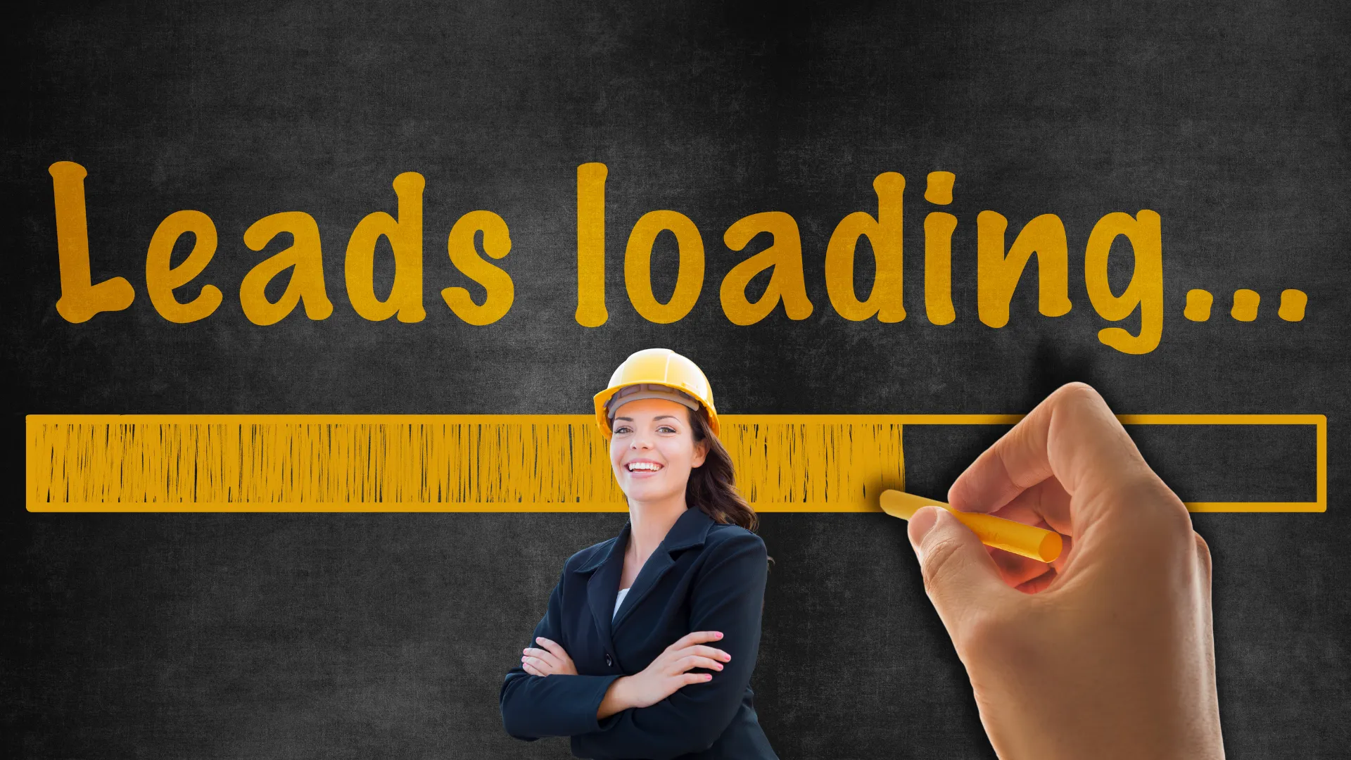 A woman in a hard hat stands under a chalkboard that says Leads loading