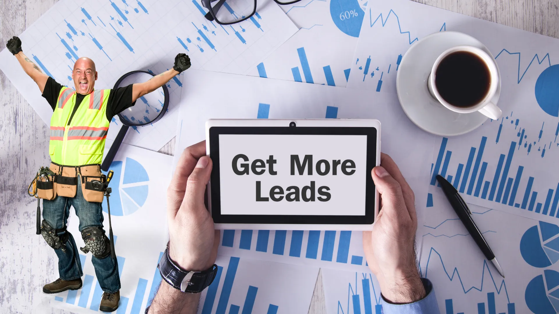 Hands hold a tablet that reads Get More Leads over sales charts