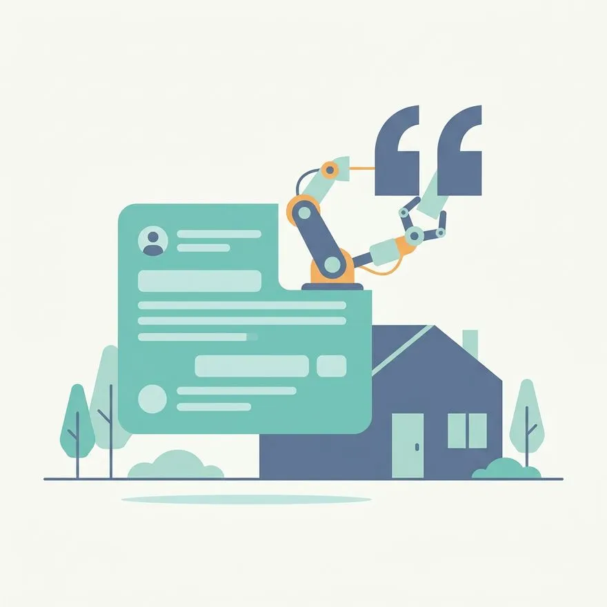 Illustration of a quotation being lifted from a chat card by a small robot arm