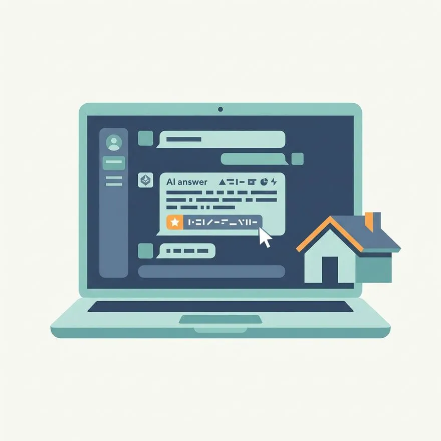 Illustration of a laptop showing an AI chat answer recommending a roofing company
