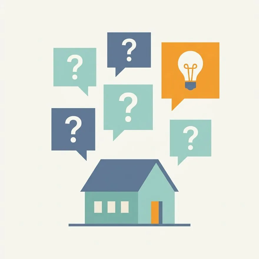 Illustration of speech bubbles with question marks floating above a house