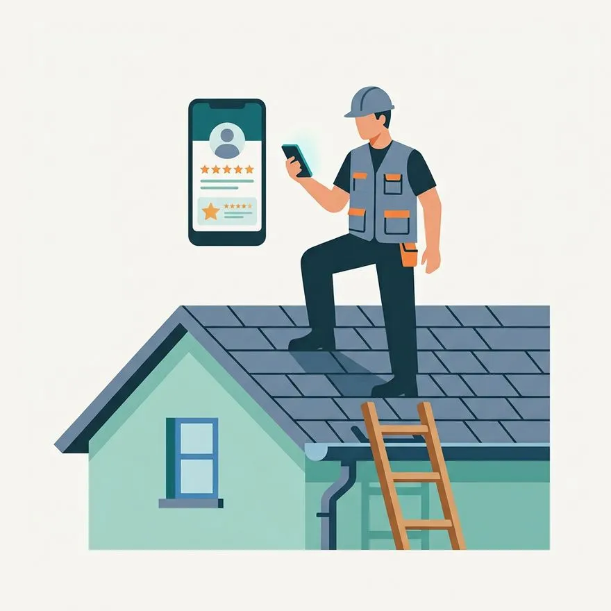 Illustration of a roofer standing on a roof checking a business profile on a smartphone