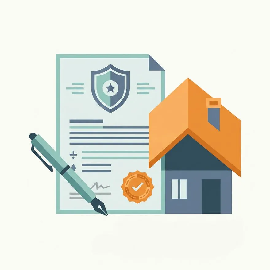 Illustration of an insurance document with a shield beside a small model roof