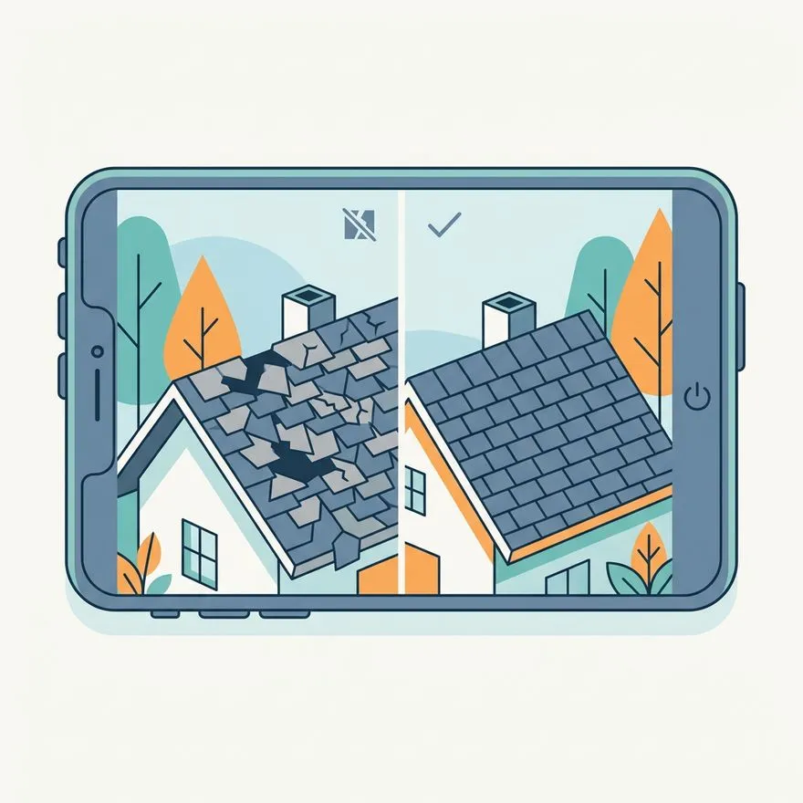 Illustration of before and after roof photos framed inside a smartphone camera view
