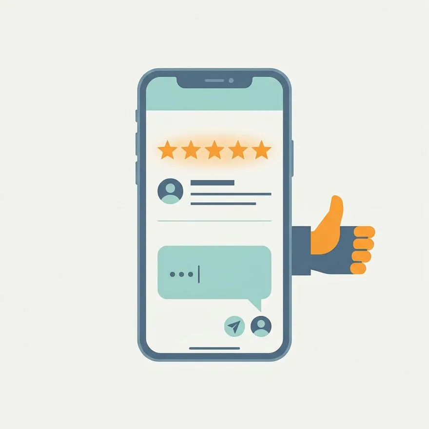 Illustration of a phone showing a five star review with a reply being typed