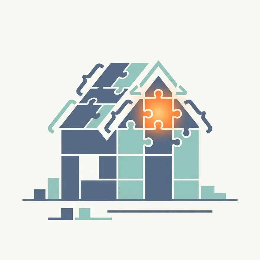 Illustration of puzzle blocks and code brackets forming the outline of a roof