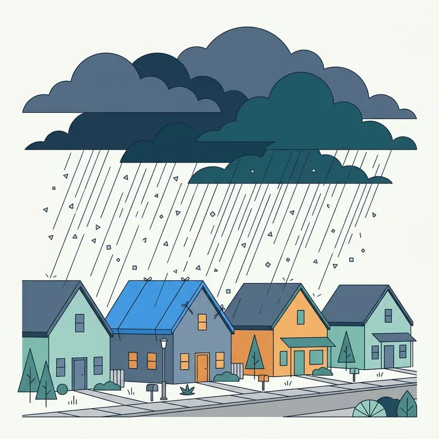 Illustration of storm clouds and hail over suburban houses, one roof covered with an emergency tarp