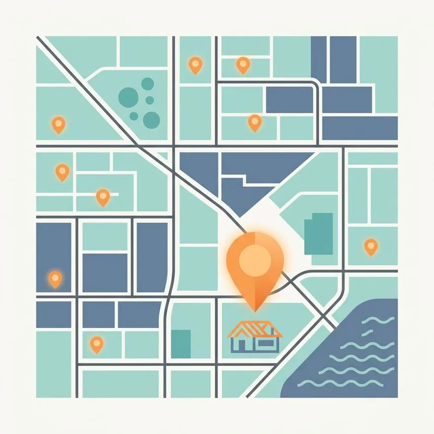 Illustration of a service area map with glowing location pins across neighborhoods
