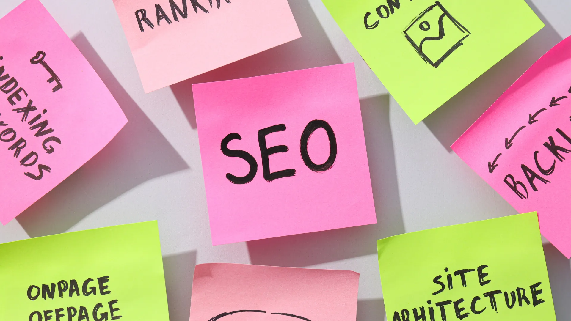 Sticky notes labeled SEO, ranking, backlinks and site architecture