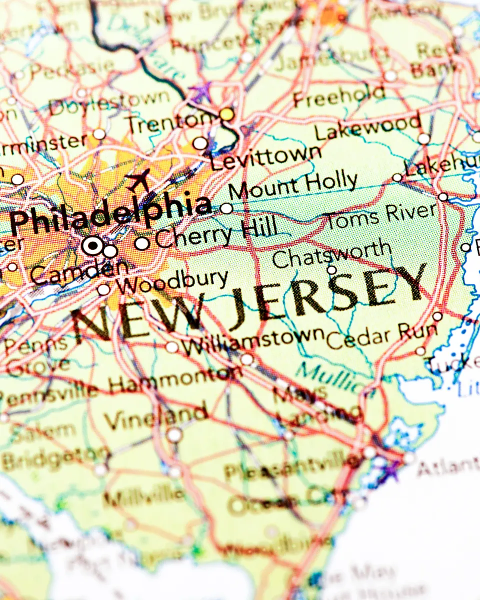 Close map of New Jersey, from Trenton and Philadelphia to the Jersey Shore