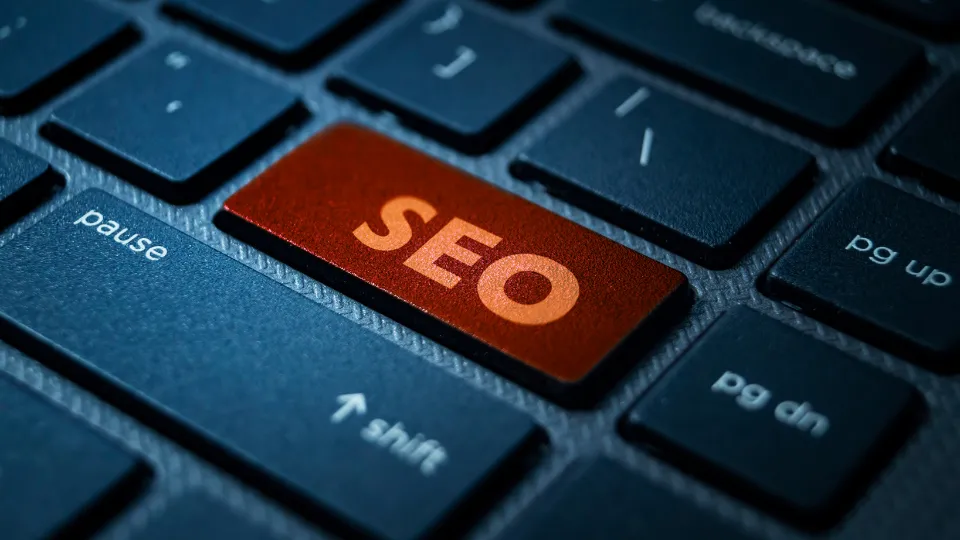 Close-up of a keyboard with an SEO key