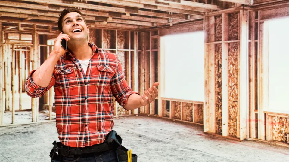 Contractor taking a call inside a framed New Jersey job site