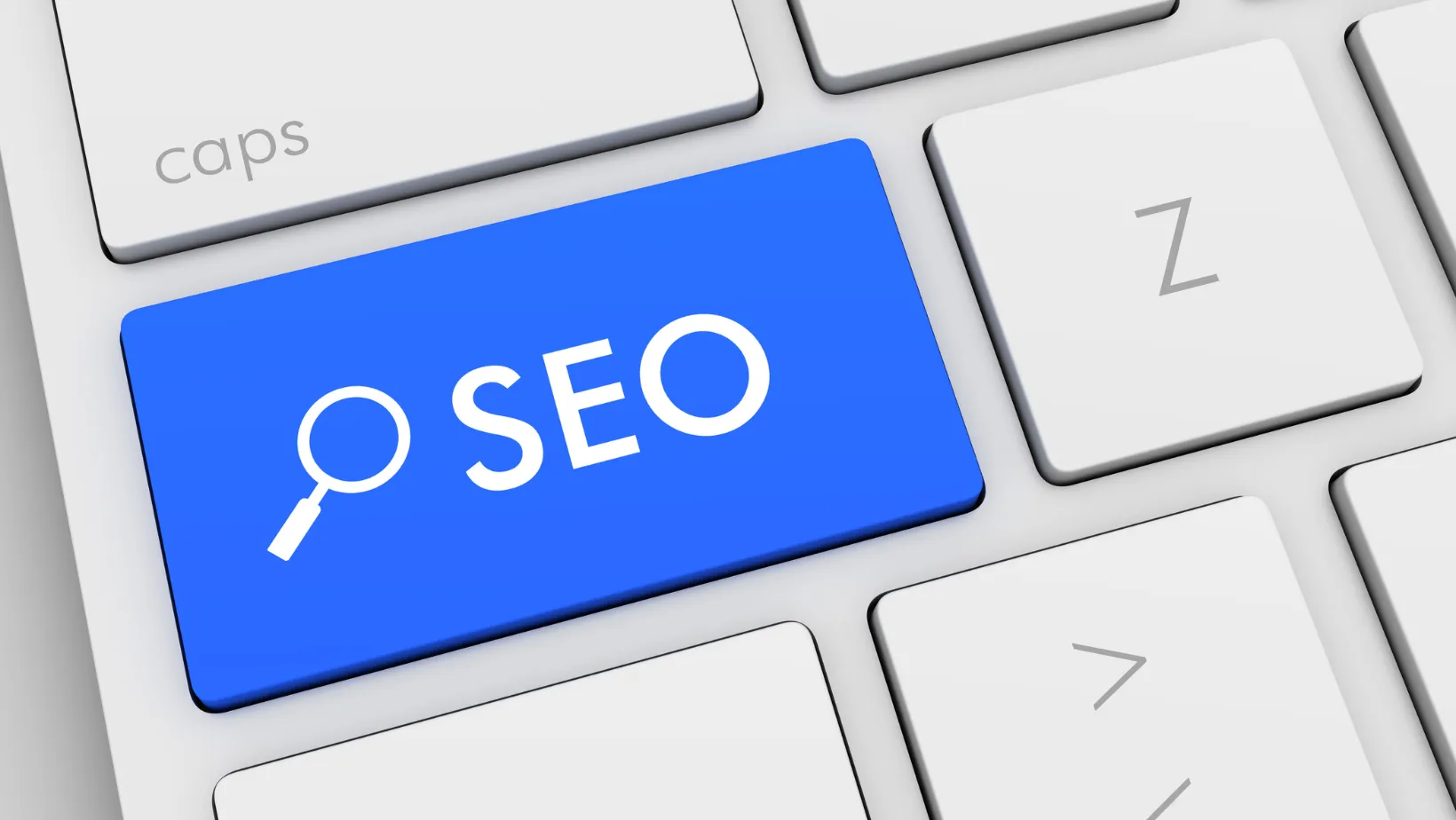 Blue keyboard key labeled SEO