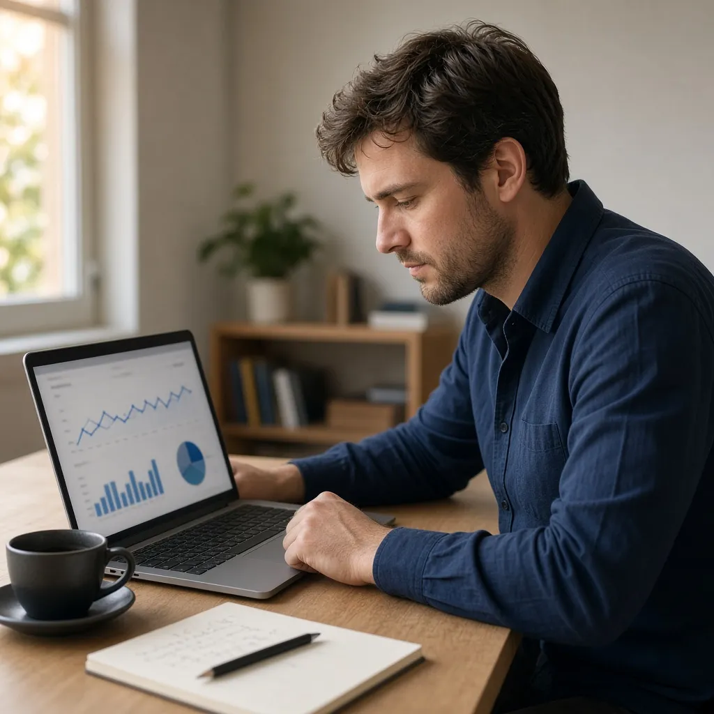 SEO specialist reviewing organic search charts on a laptop