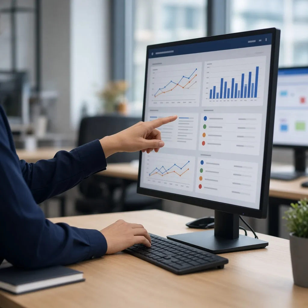 Marketer pointing at search analytics on a desktop monitor