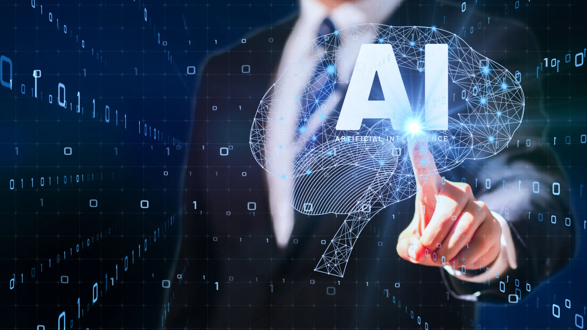 Person pointing at an artificial intelligence graphic