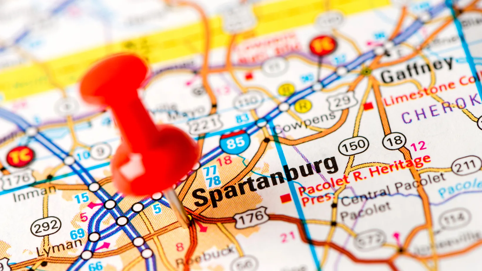 Red pin on a map marking Spartanburg