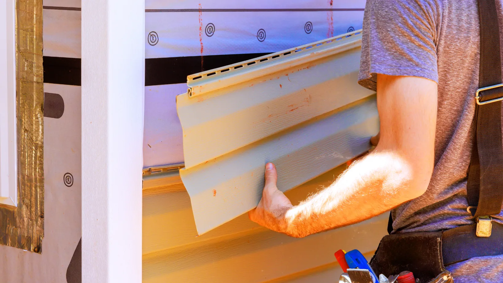 An installer holding a vinyl siding panel against a house wall