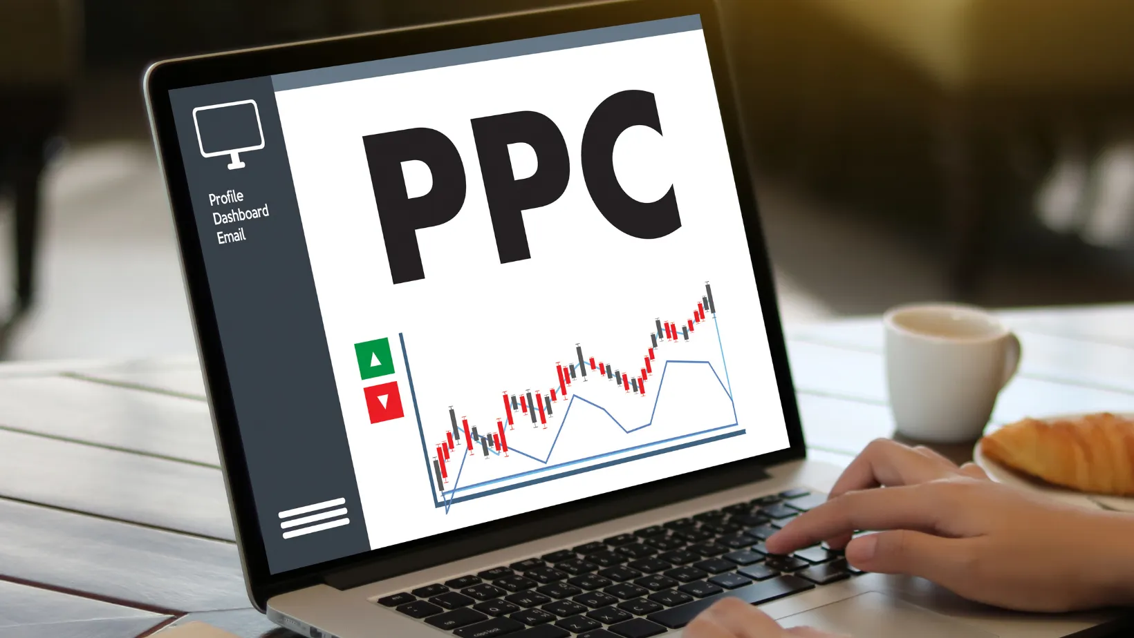 A laptop screen showing a PPC campaign dashboard